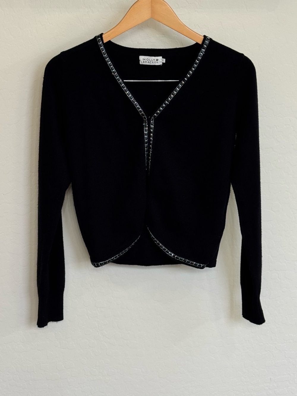 Molly Bracken Black V-Neck Long Sleeve Cardigan Silver Chain Trim Size Small EUC